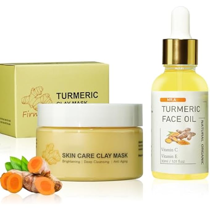 Mr.A TURMERIC CLAY MASK & SERUM SKINCARE KIT, VITAMIN C DEEP CLEANSING OVERNIGHT FACE MASK FOR PORES, TURMERIC FACE OIL FOR DRY SKIN - Image 1